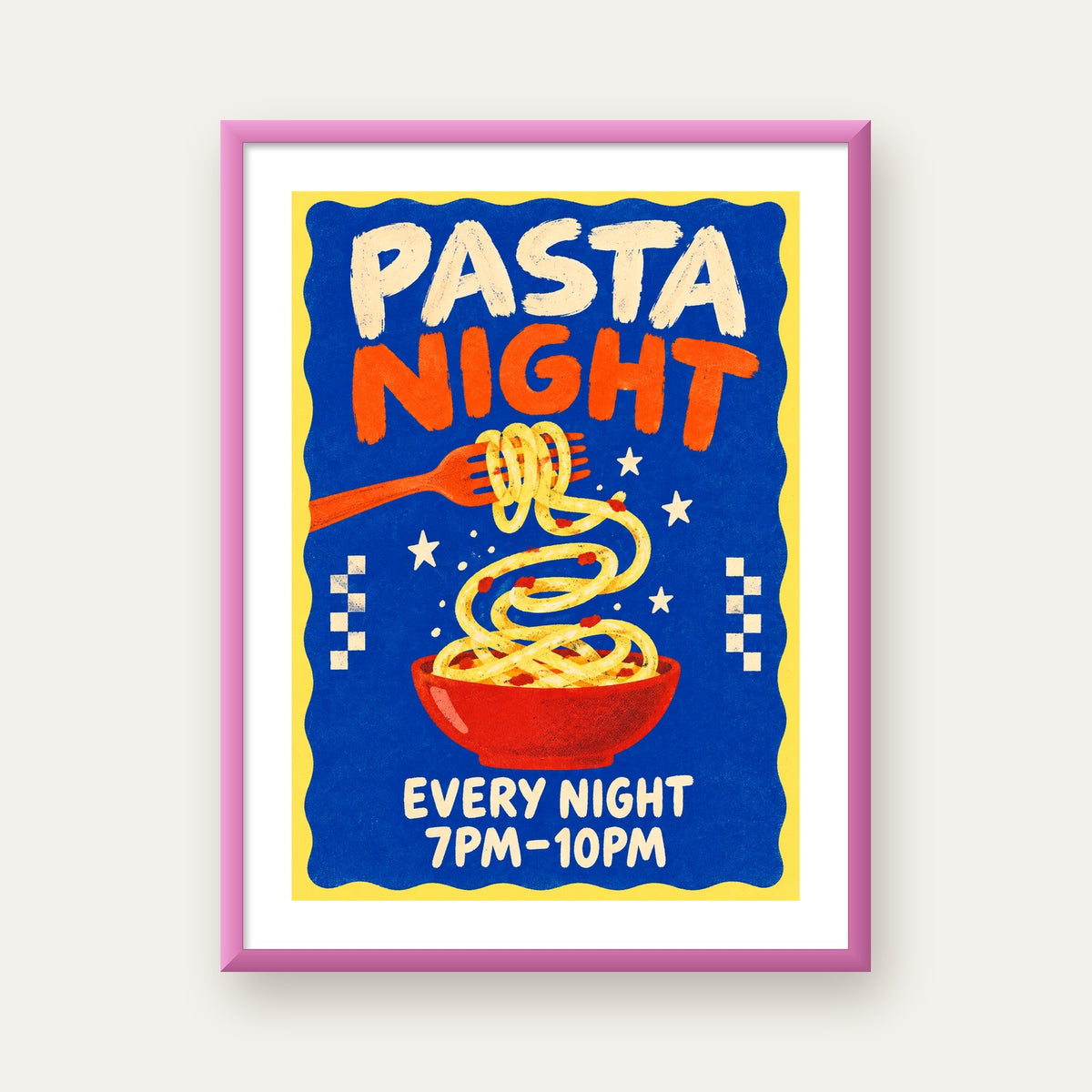 Makarna Gecesi – İllüstratif Spagetti Sanat Posteri — pembe çerçeveli paspartulu