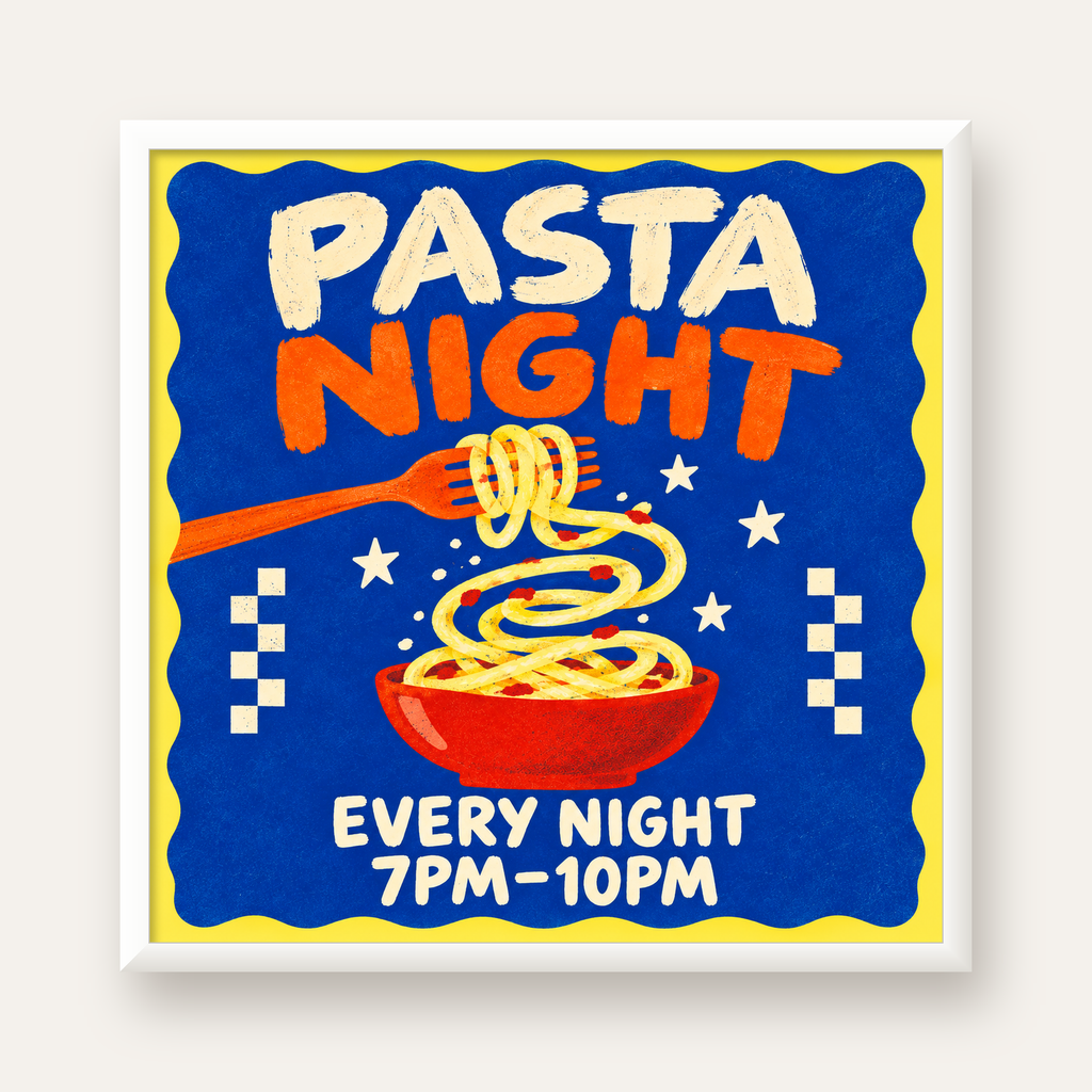 Makarna Gecesi – İllüstratif Spagetti Sanat Posteri — beyaz çerçeveli kare poster