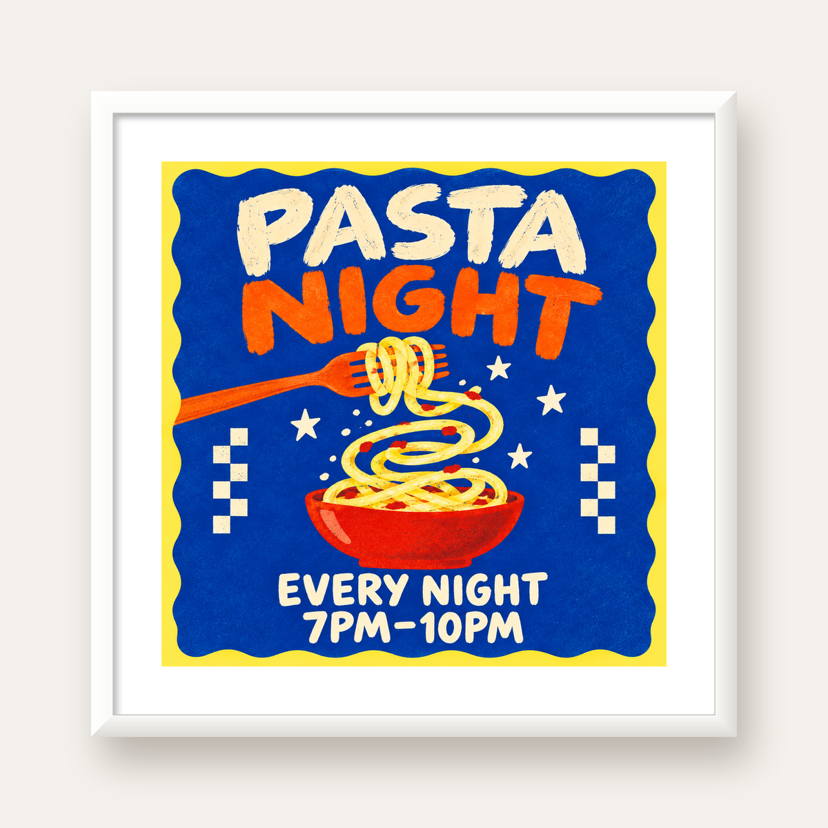 Makarna Gecesi – İllüstratif Spagetti Sanat Posteri — beyaz çerçeveli kare poster