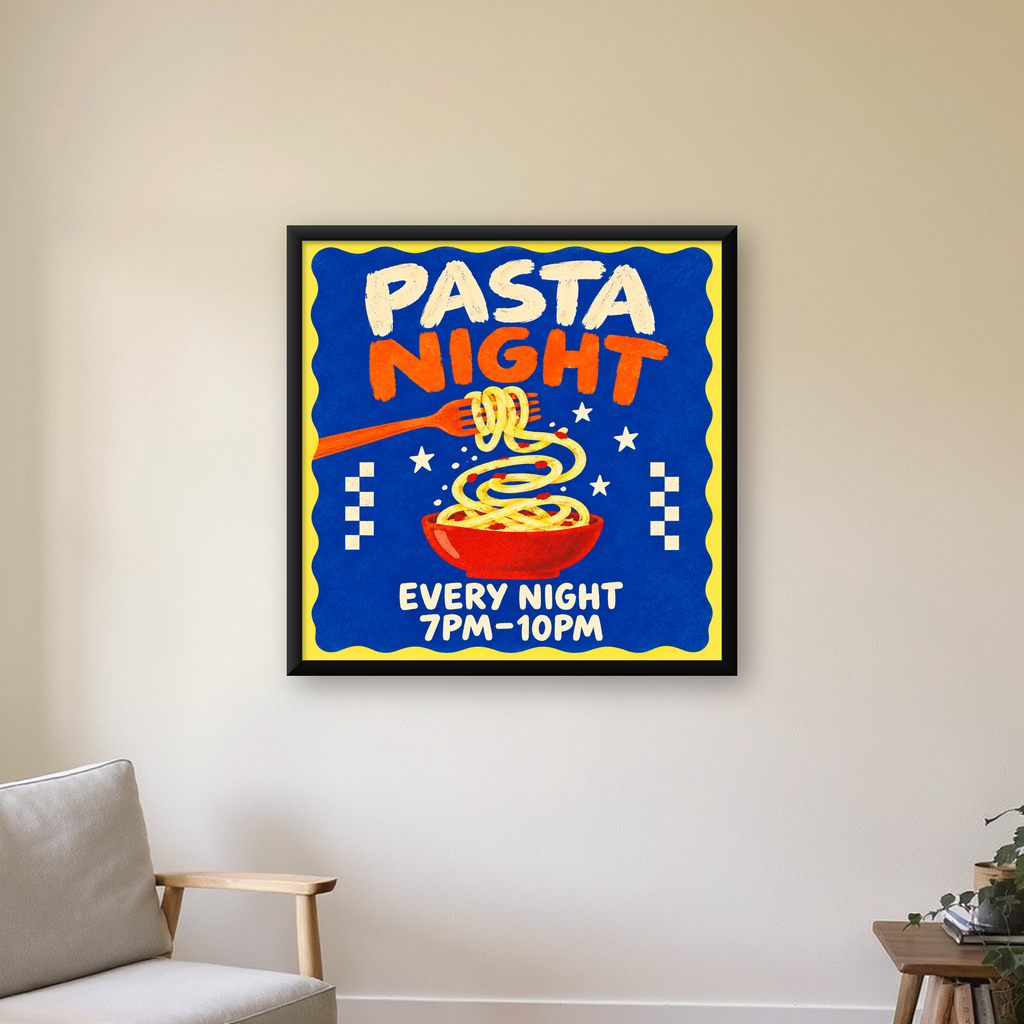 Makarna Gecesi – İllüstratif Spagetti Sanat Posteri — Kare baskı, çerçeveli hâliyle bir ev duvarında