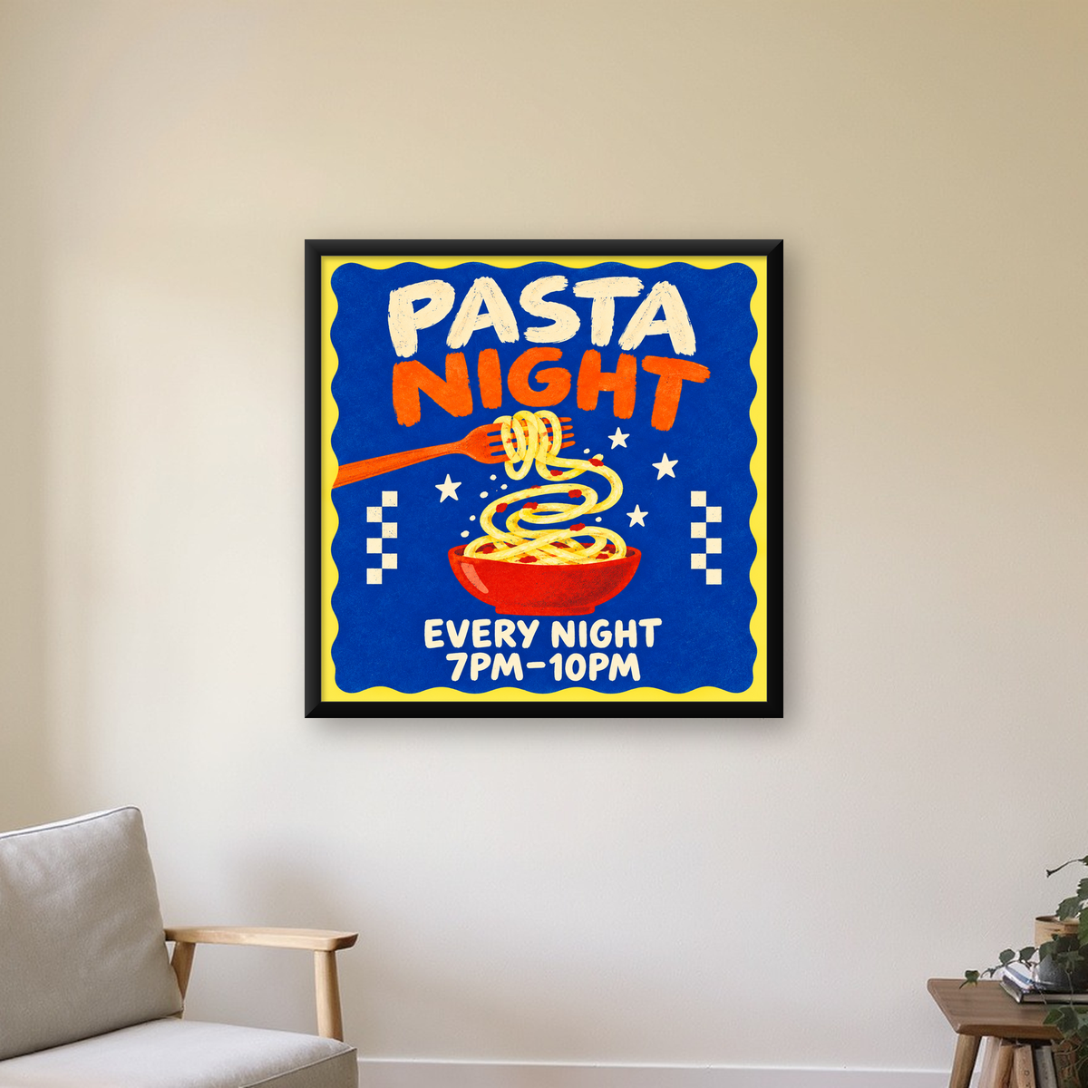 Makarna Gecesi – İllüstratif Spagetti Sanat Posteri — Kare baskı, çerçeveli hâliyle bir ev duvarında