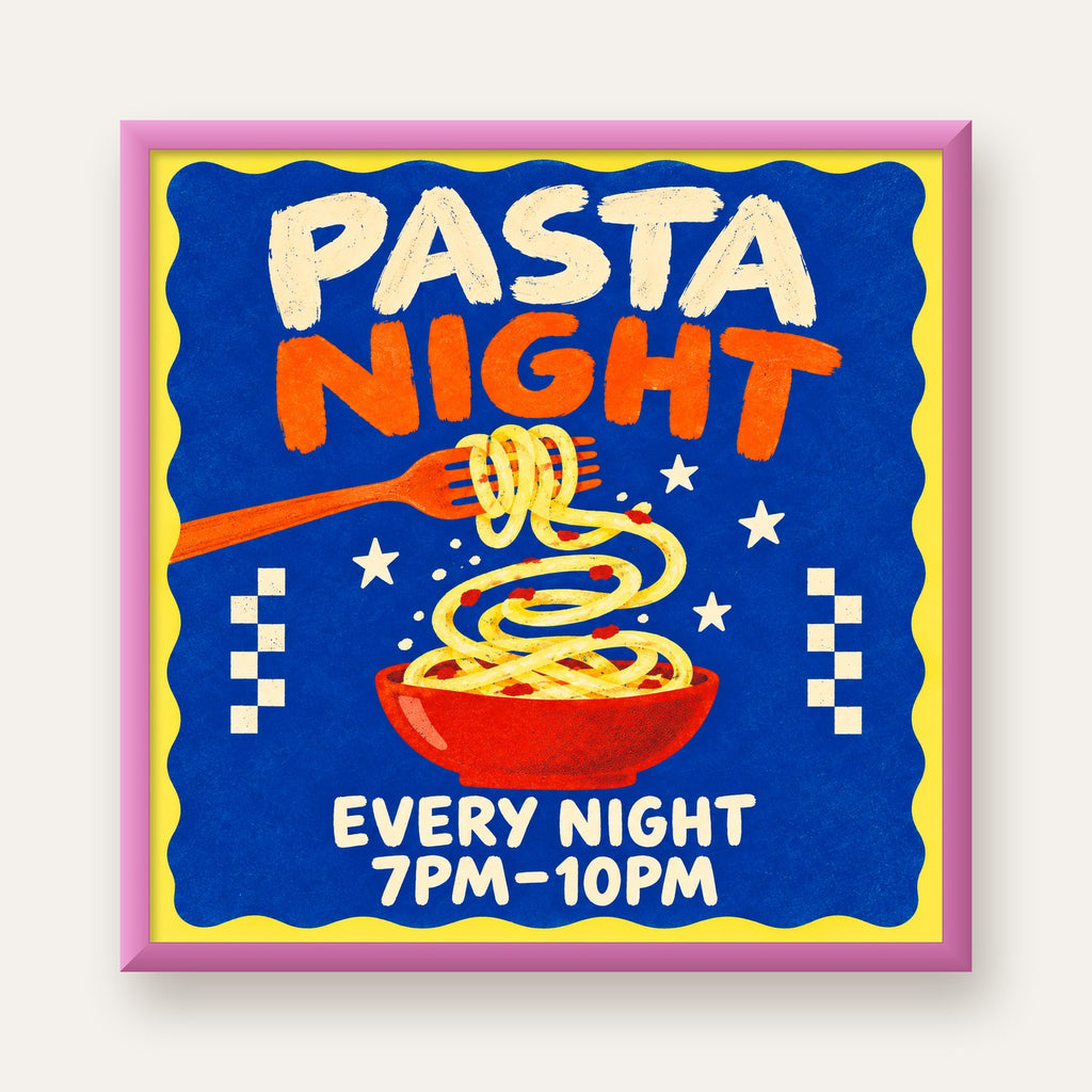 Makarna Gecesi – İllüstratif Spagetti Sanat Posteri — pembe çerçeveli