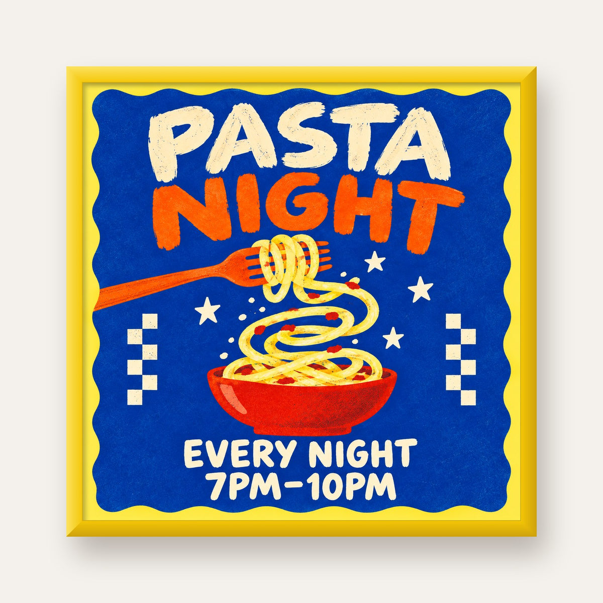 Makarna Gecesi – İllüstratif Spagetti Sanat Posteri — sarı çerçeveli