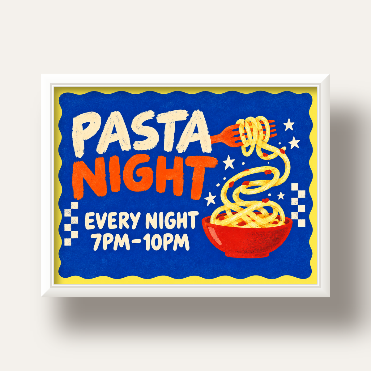 Makarna Gecesi – İllüstratif Spagetti Sanat Posteri — beyaz derin çerçeveli
