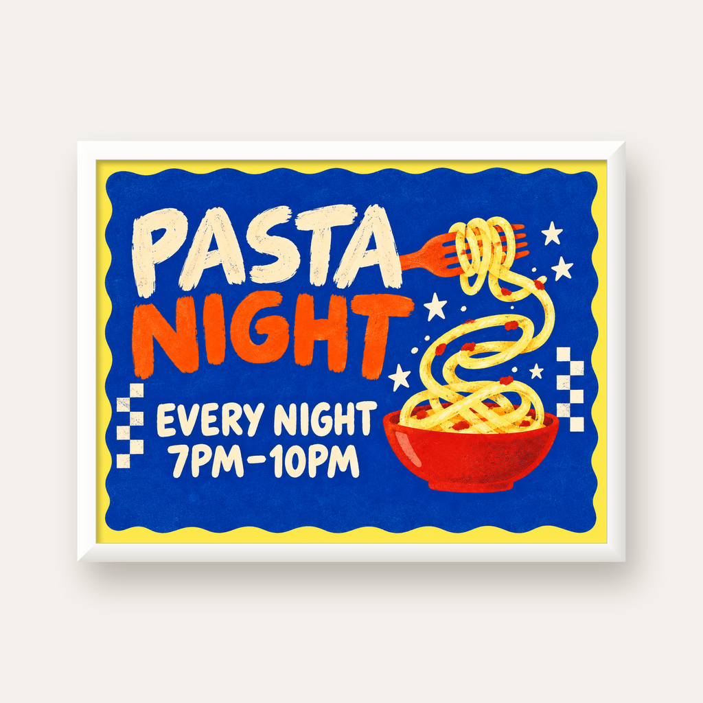Makarna Gecesi – İllüstratif Spagetti Sanat Posteri — beyaz çerçeveli yatay poster