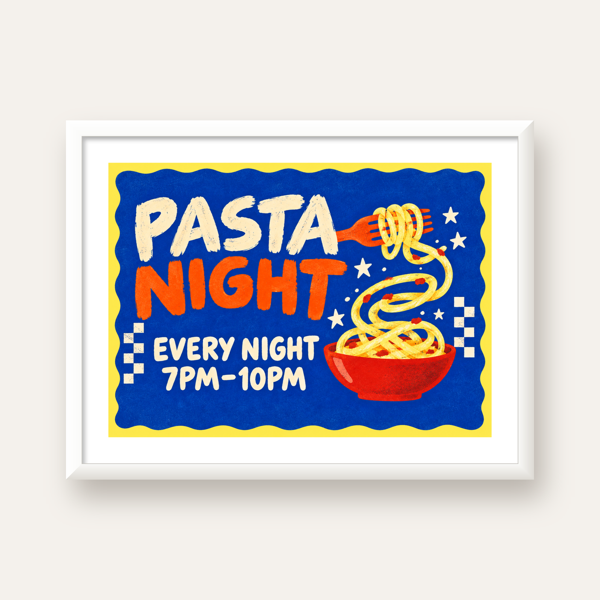 Makarna Gecesi – İllüstratif Spagetti Sanat Posteri — beyaz çerçeveli yatay poster