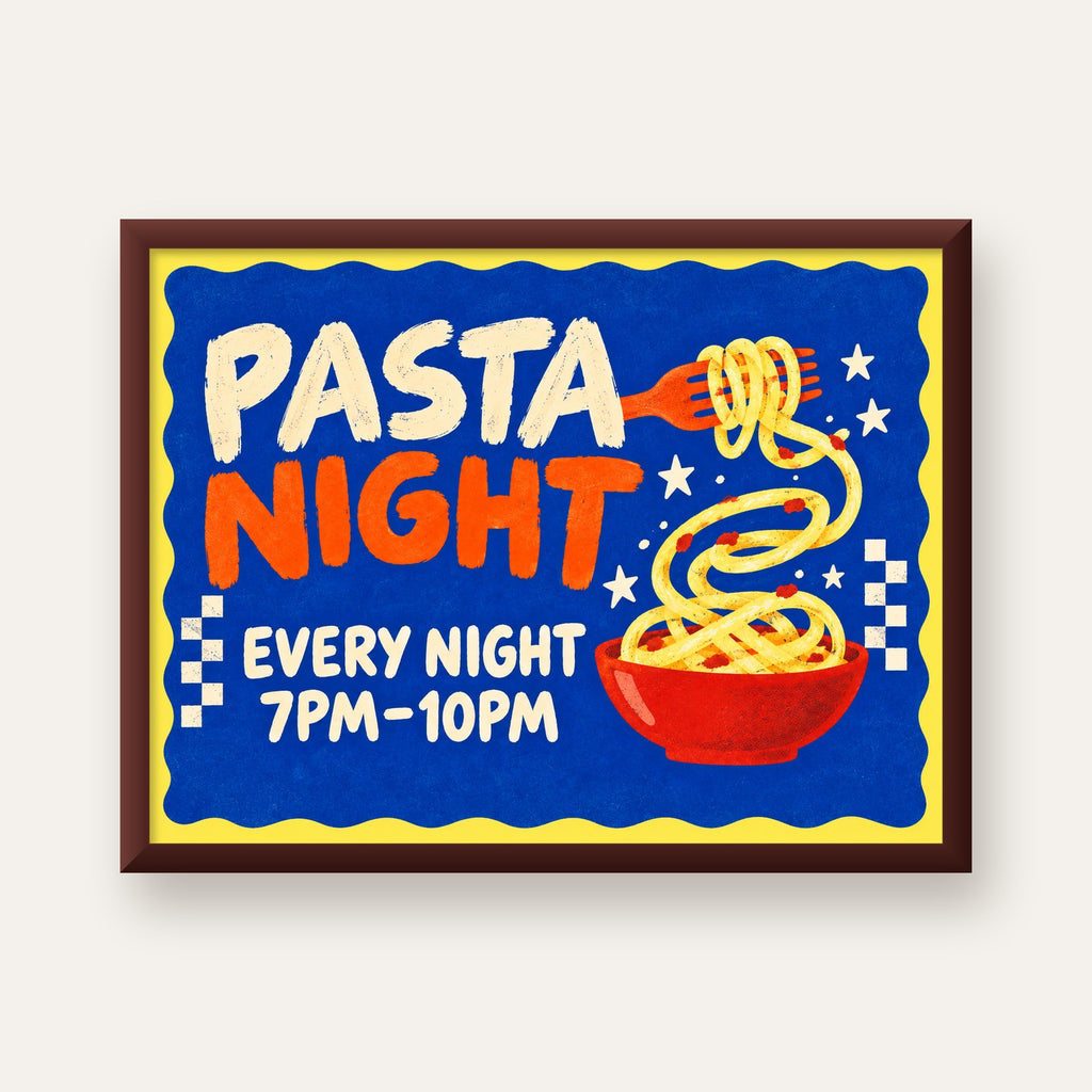 Makarna Gecesi – İllüstratif Spagetti Sanat Posteri — ceviz çerçeveli
