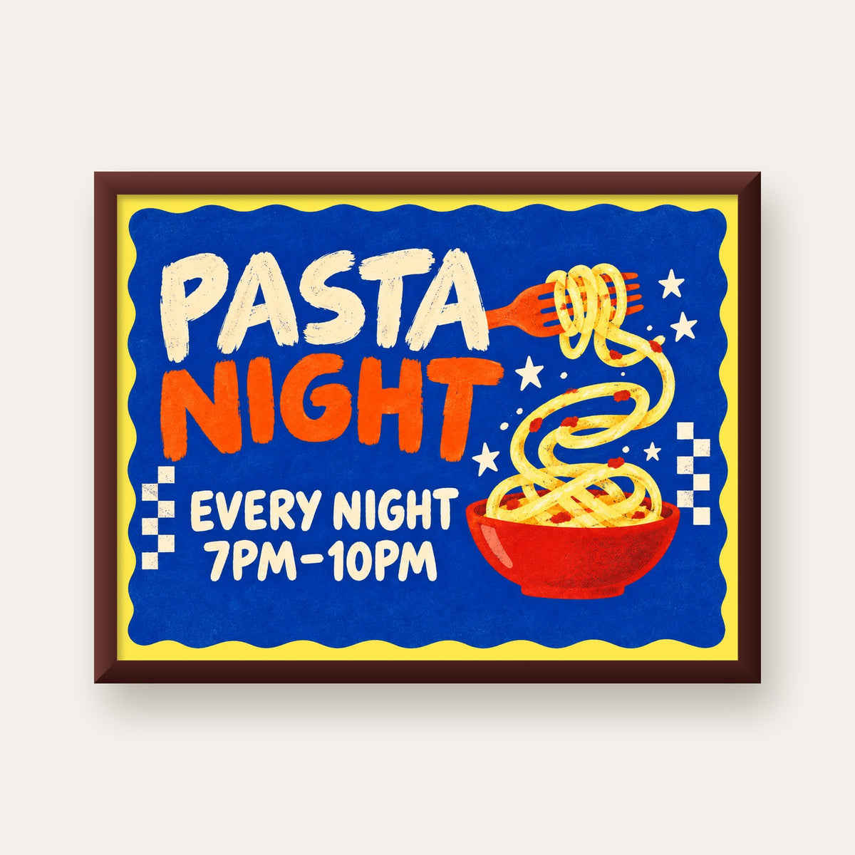 Makarna Gecesi – İllüstratif Spagetti Sanat Posteri — ceviz çerçeveli