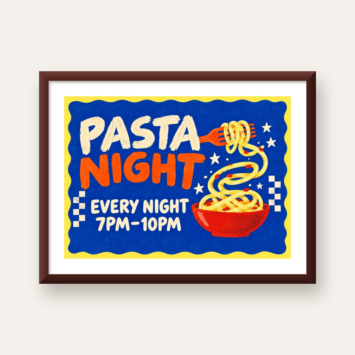 Makarna Gecesi – İllüstratif Spagetti Sanat Posteri — ceviz çerçeveli paspartulu