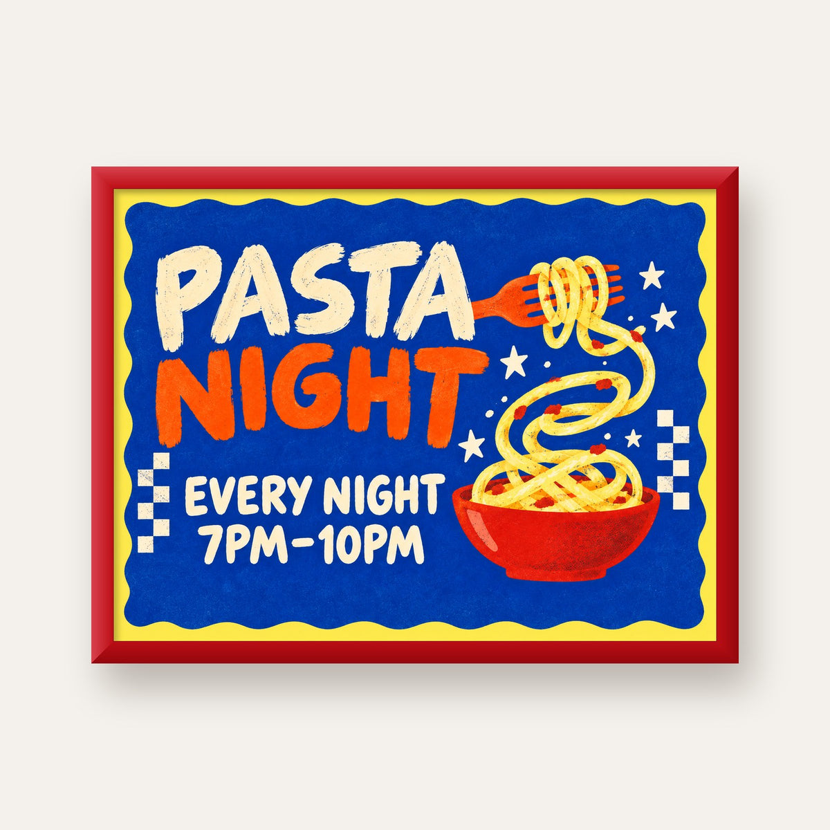 Makarna Gecesi – İllüstratif Spagetti Sanat Posteri — kırmızı çerçeveli