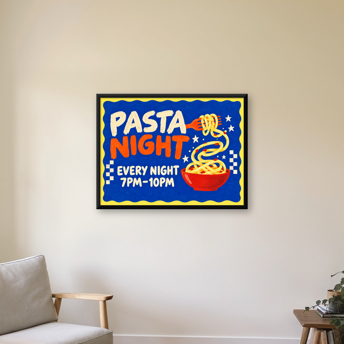 Makarna Gecesi – İllüstratif Spagetti Sanat Posteri — Yatay baskı, çerçeveli hâliyle bir ev duvarında