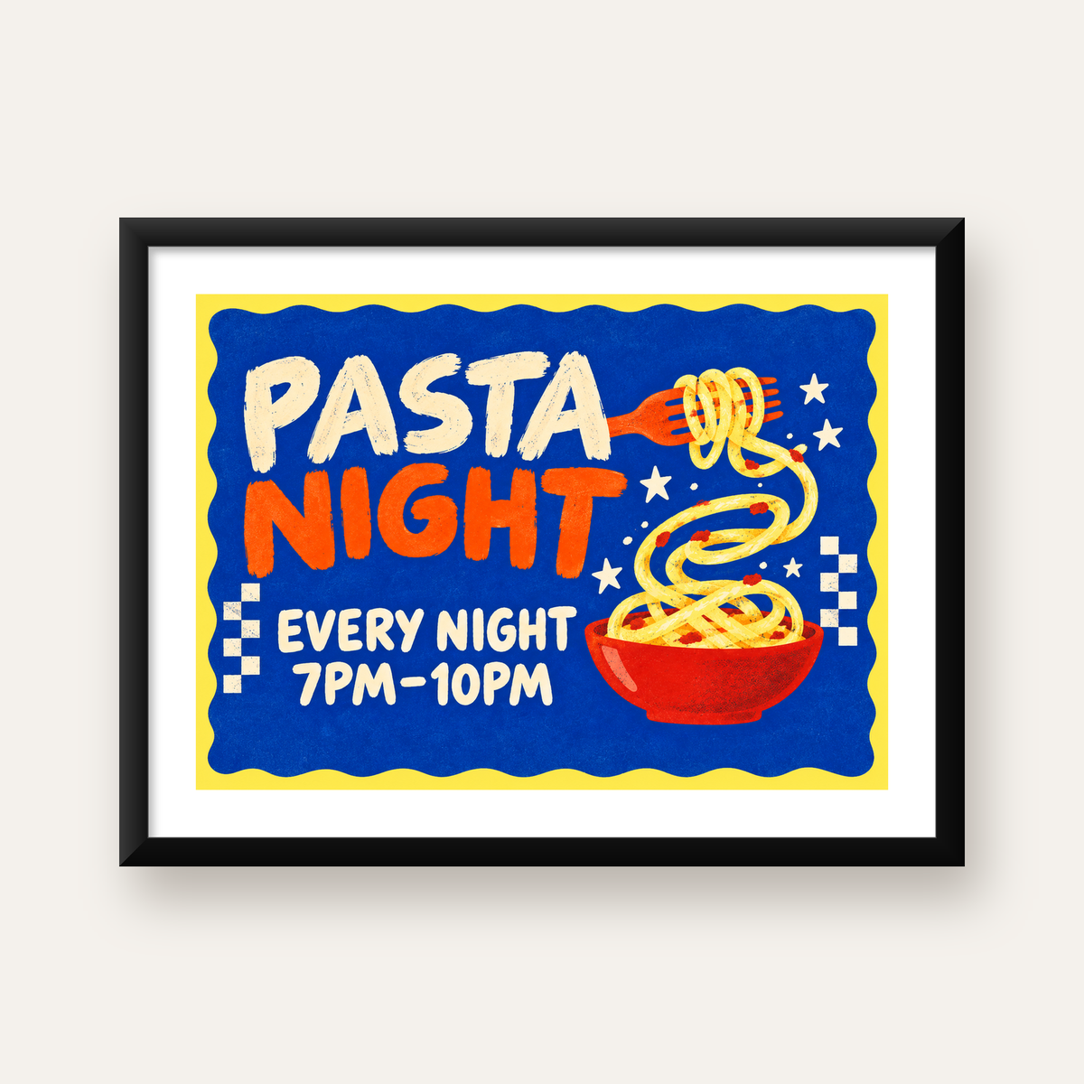 Makarna Gecesi – İllüstratif Spagetti Sanat Posteri — Yatay baskı, beyaz paspartulu