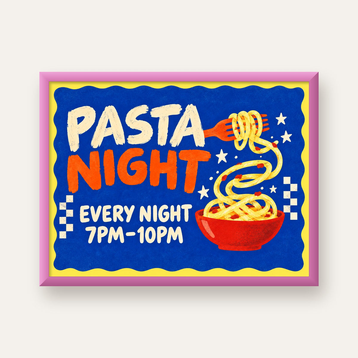 Makarna Gecesi – İllüstratif Spagetti Sanat Posteri — pembe çerçeveli