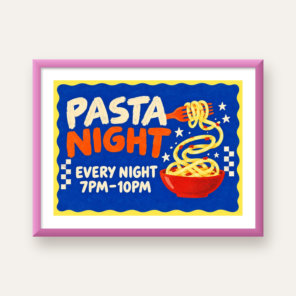 Makarna Gecesi – İllüstratif Spagetti Sanat Posteri — pembe çerçeveli paspartulu