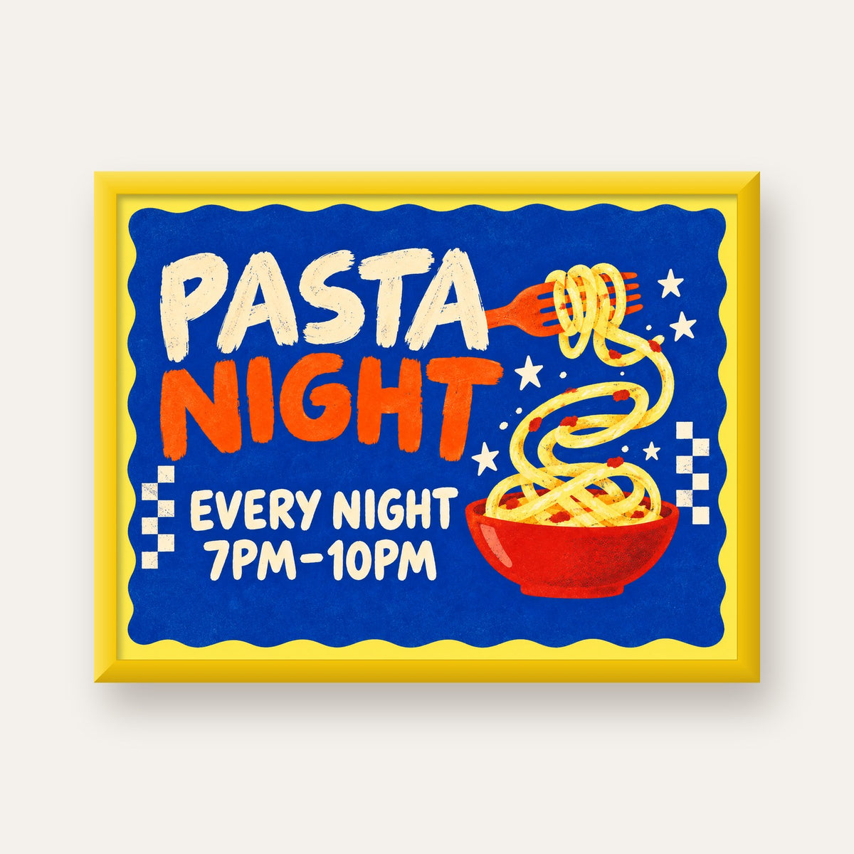 Makarna Gecesi – İllüstratif Spagetti Sanat Posteri — sarı çerçeveli