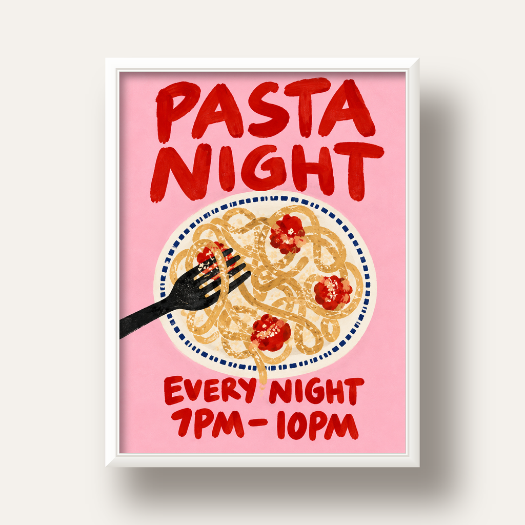 Spagetti Köfte Makarna Gecesi El Çizimi Poster — beyaz derin çerçeveli