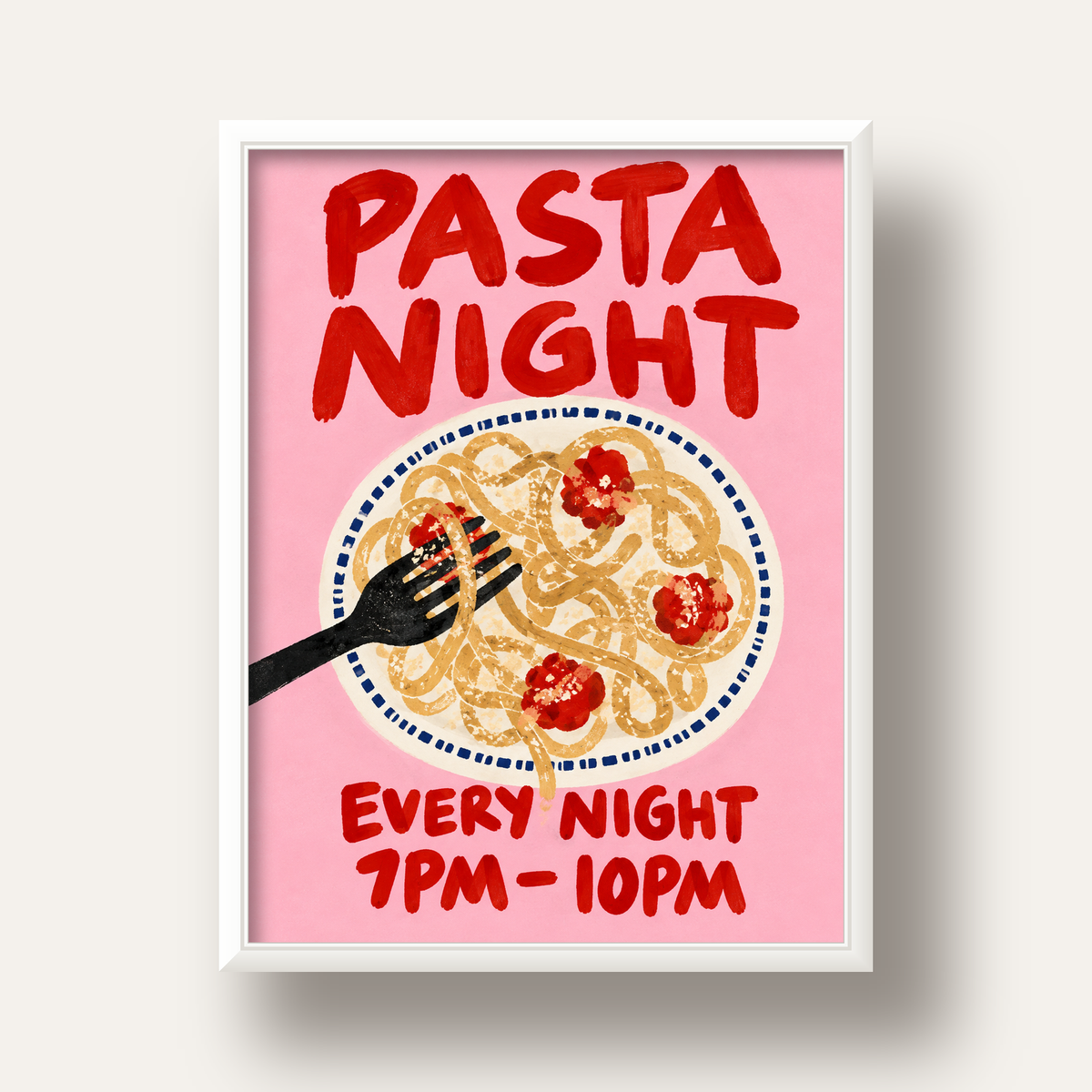 Spagetti Köfte Makarna Gecesi El Çizimi Poster — beyaz derin çerçeveli