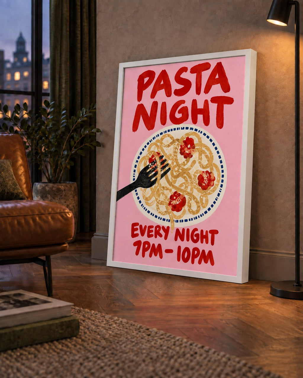 Spagetti Köfte Makarna Gecesi El Çizimi Poster — çerçeveli hâliyle bir ev duvarında