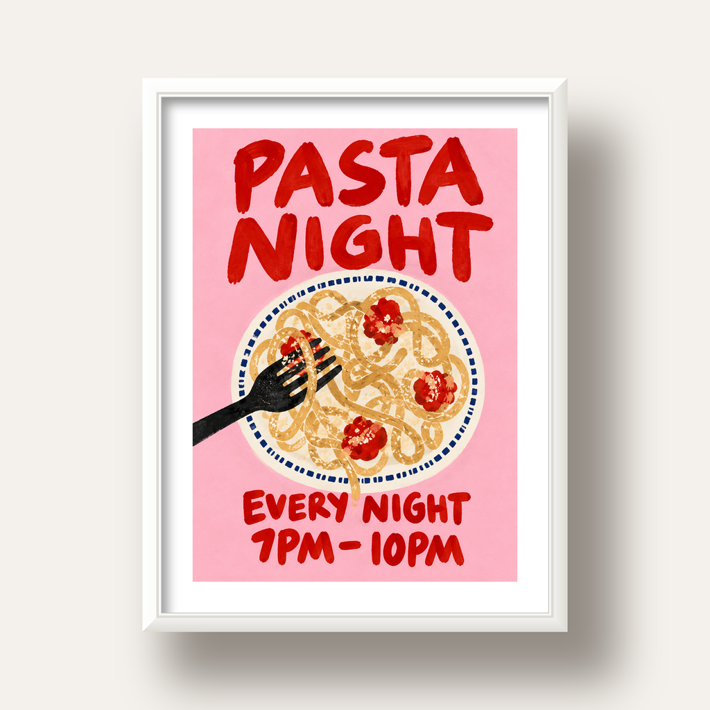 Spagetti Köfte Makarna Gecesi El Çizimi Poster — beyaz derin çerçeveli paspartulu