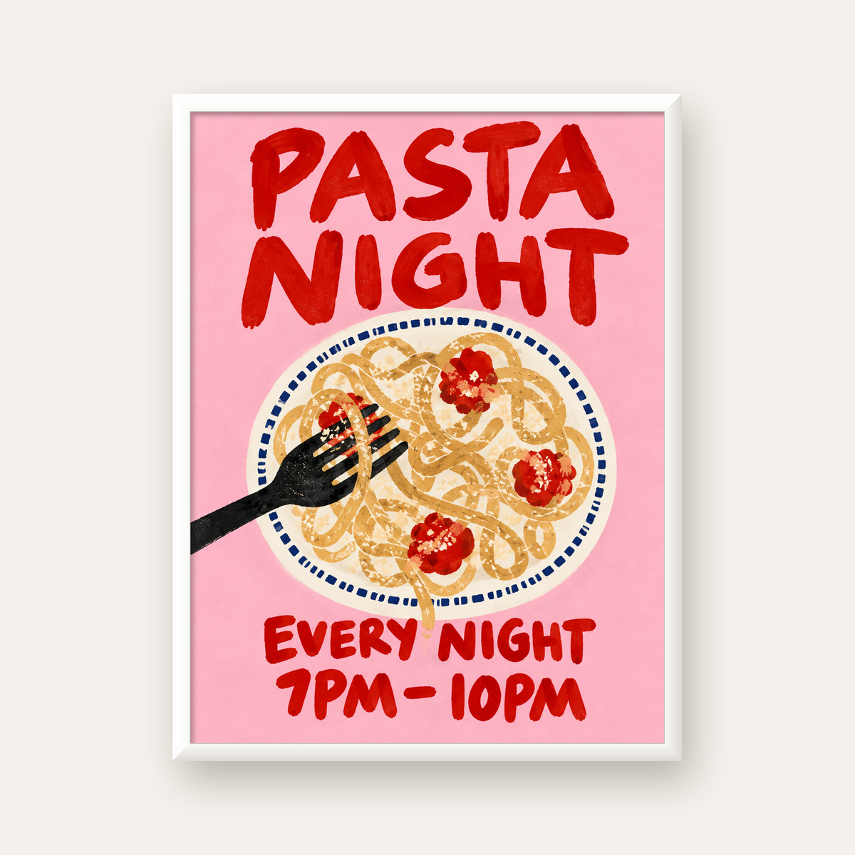 Spagetti Köfte Makarna Gecesi El Çizimi Poster — beyaz çerçeveli dikey poster