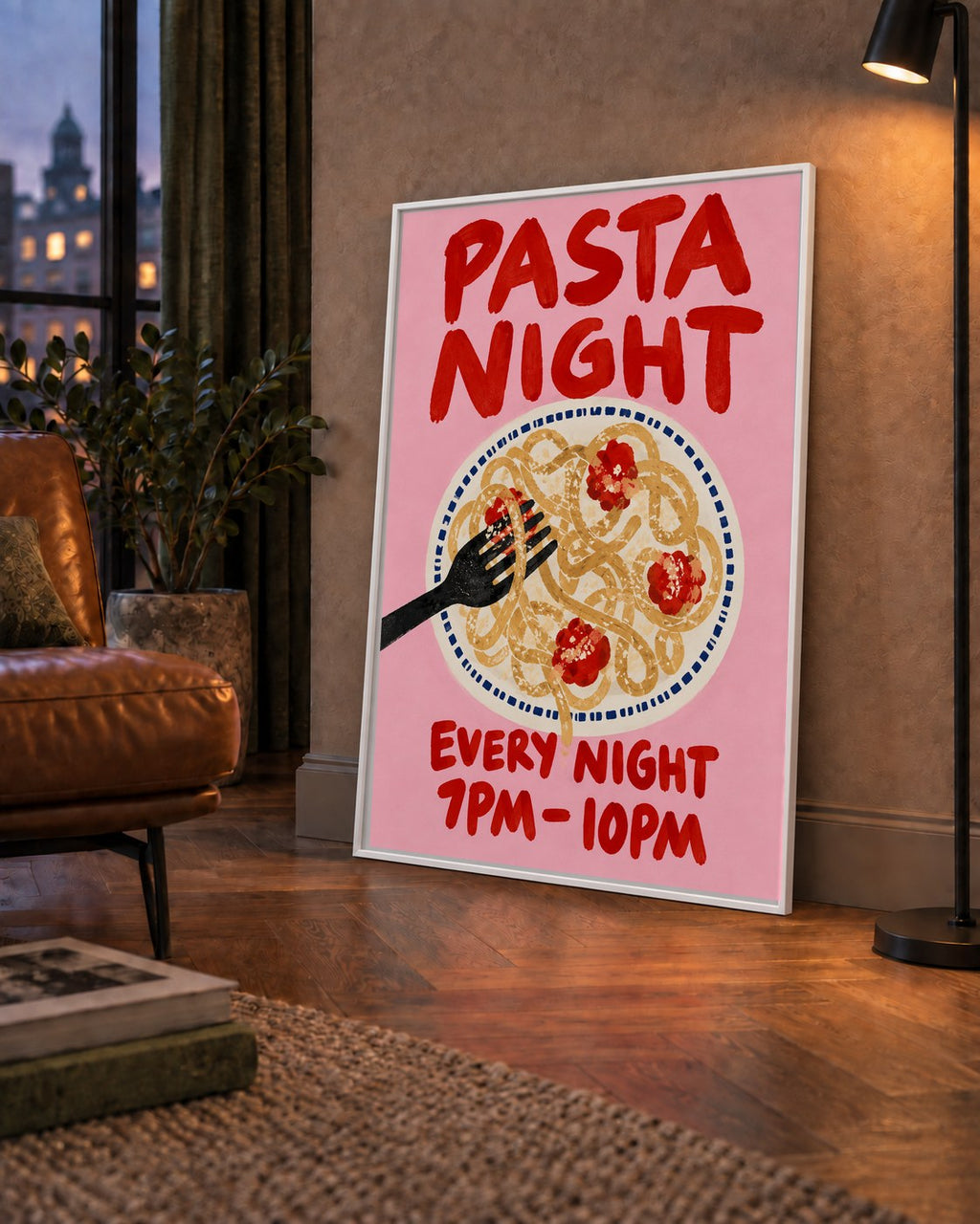 Spagetti Köfte Makarna Gecesi El Çizimi Poster — çerçeveli hâliyle bir ev duvarında
