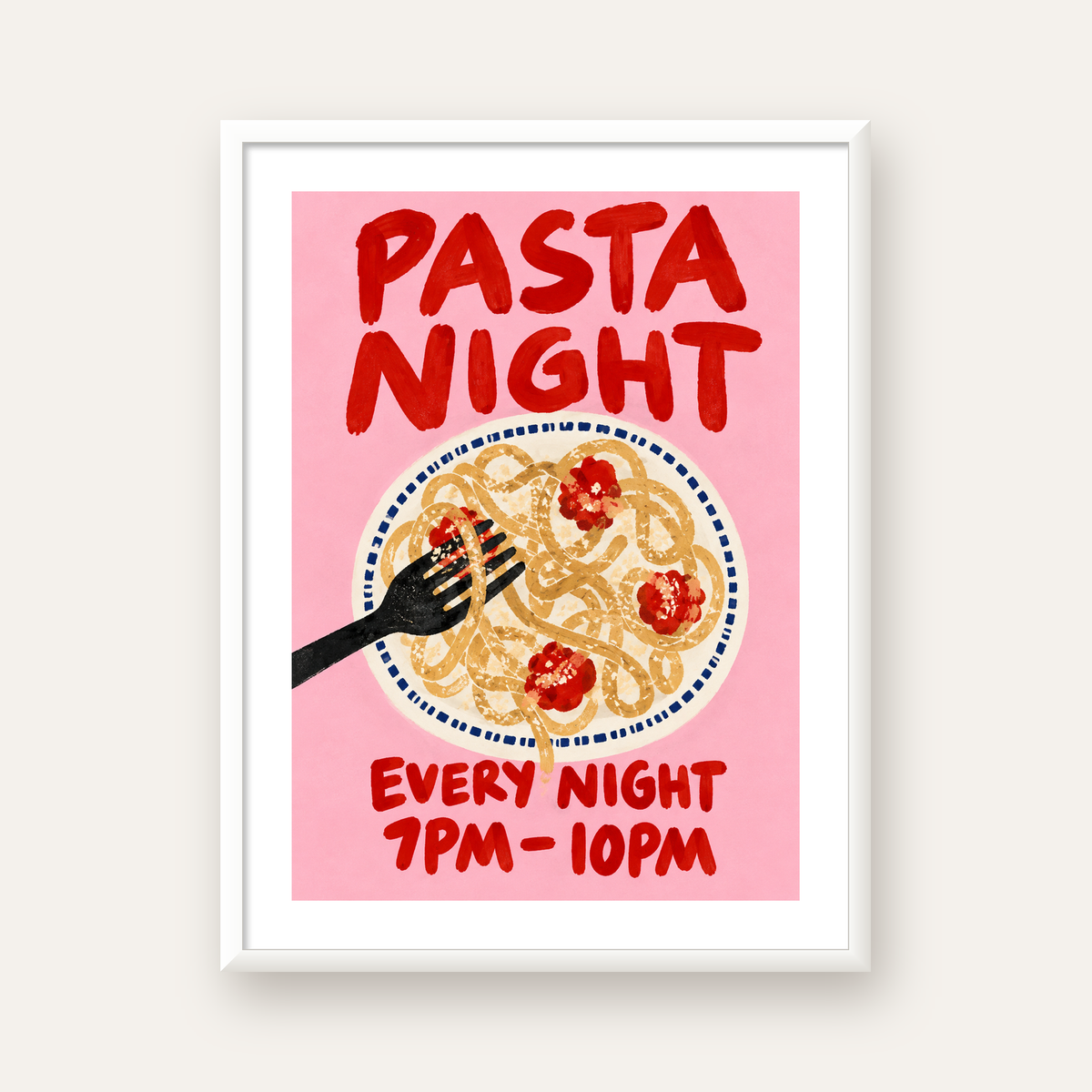 Spagetti Köfte Makarna Gecesi El Çizimi Poster — beyaz çerçeveli dikey poster