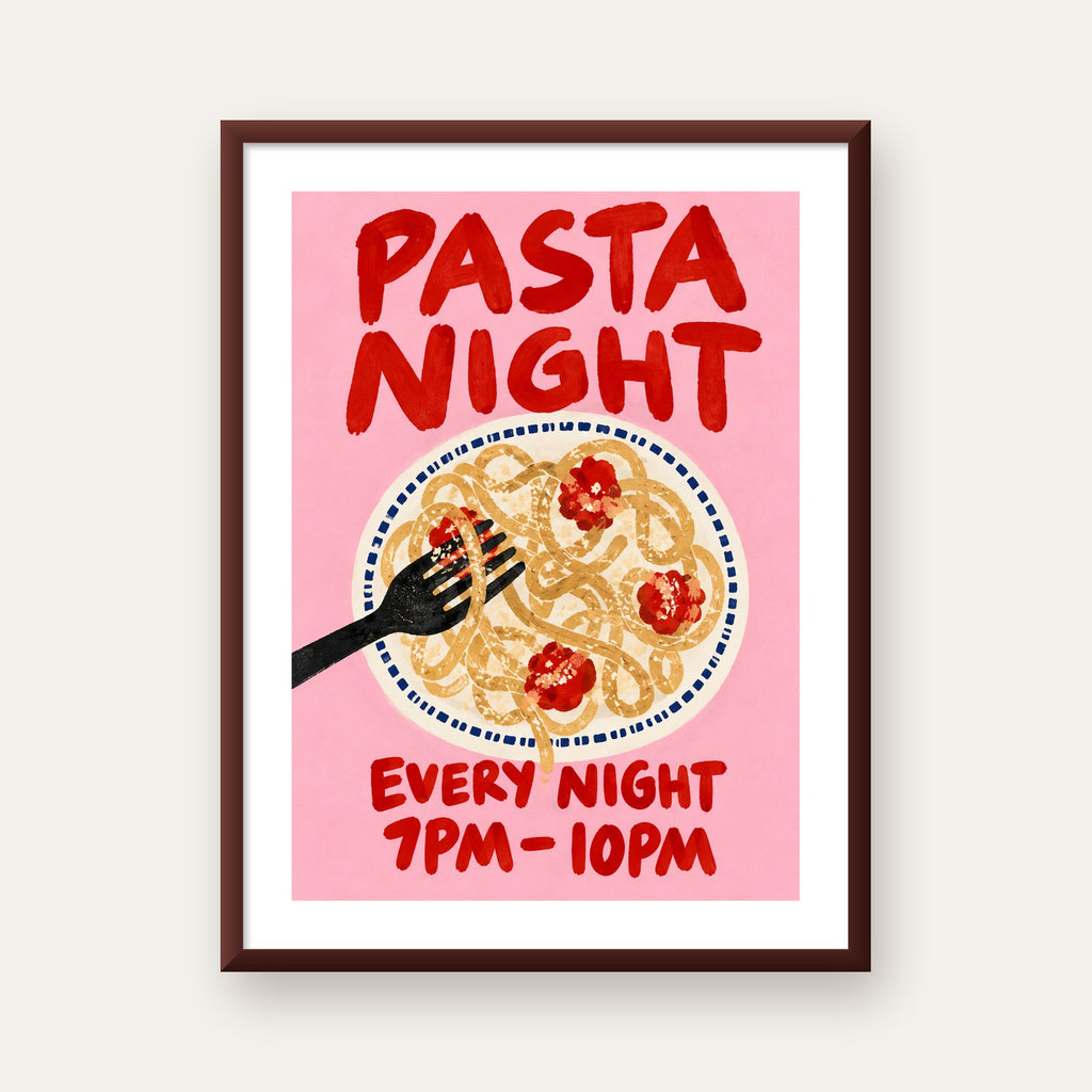 Spagetti Köfte Makarna Gecesi El Çizimi Poster — ceviz çerçeveli paspartulu