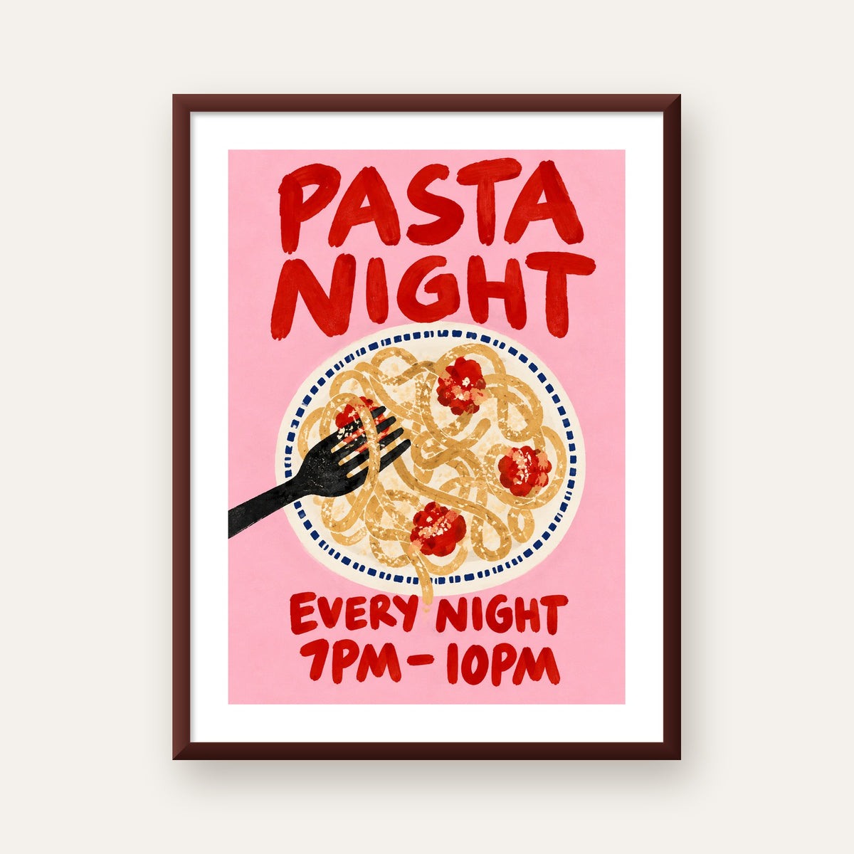 Spagetti Köfte Makarna Gecesi El Çizimi Poster — ceviz çerçeveli paspartulu