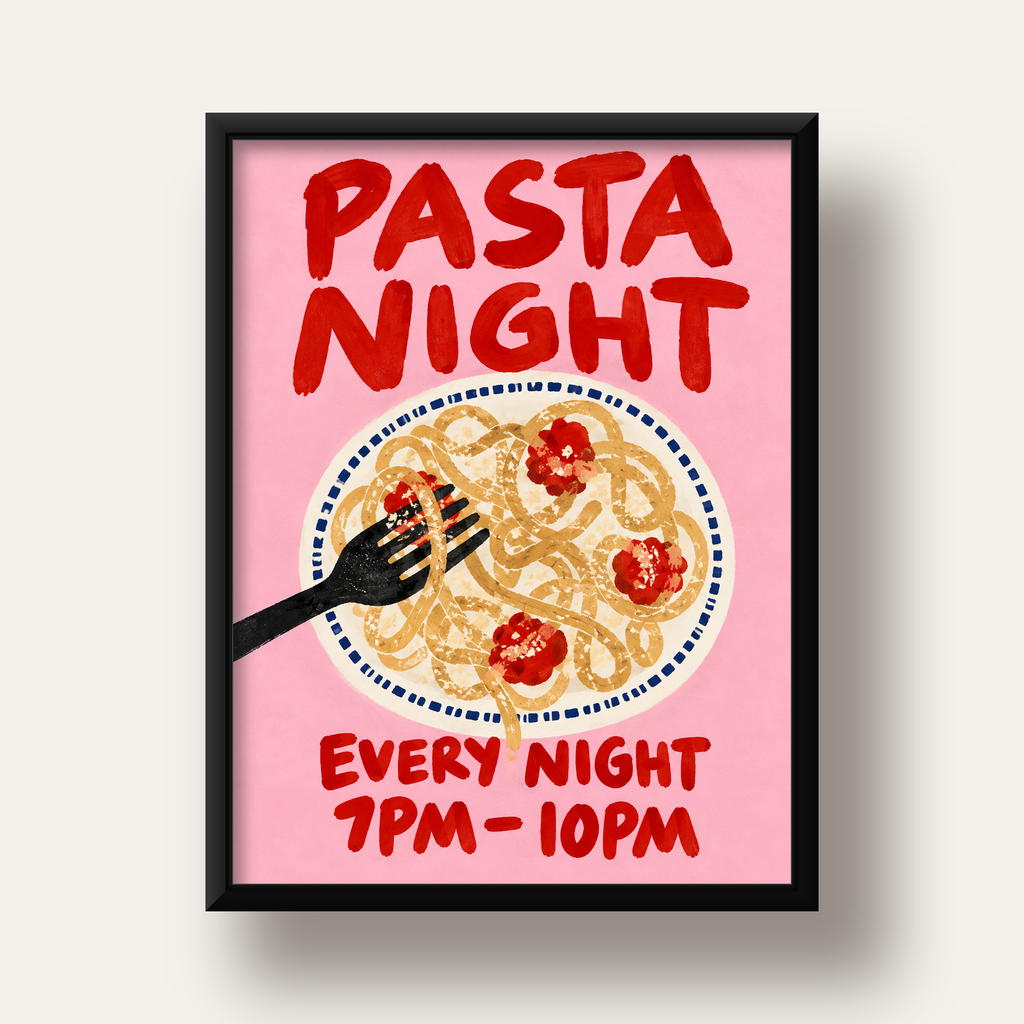 Spagetti Köfte Makarna Gecesi El Çizimi Poster — siyah derin çerçeveli