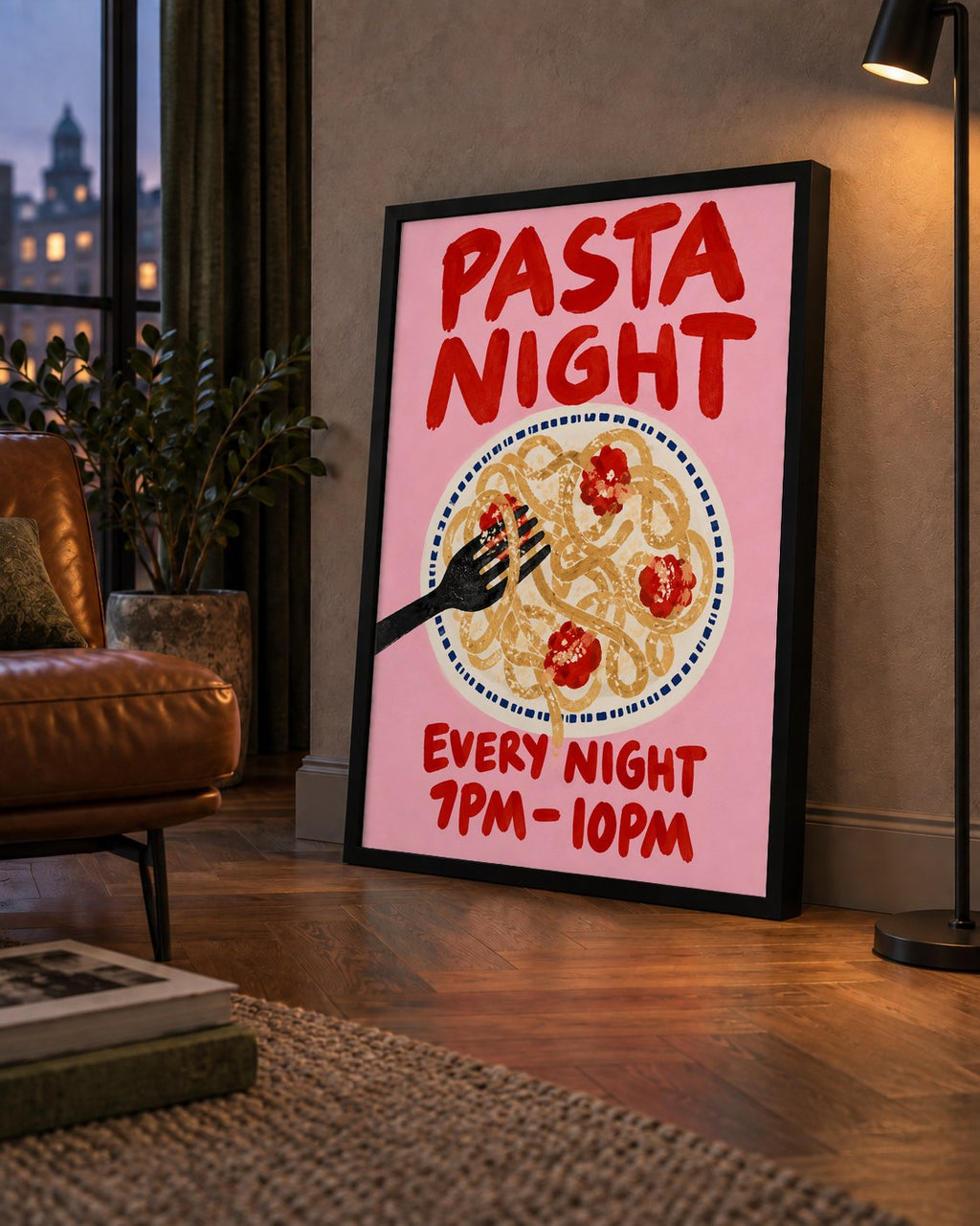 Spagetti Köfte Makarna Gecesi El Çizimi Poster — çerçeveli hâliyle bir ev duvarında