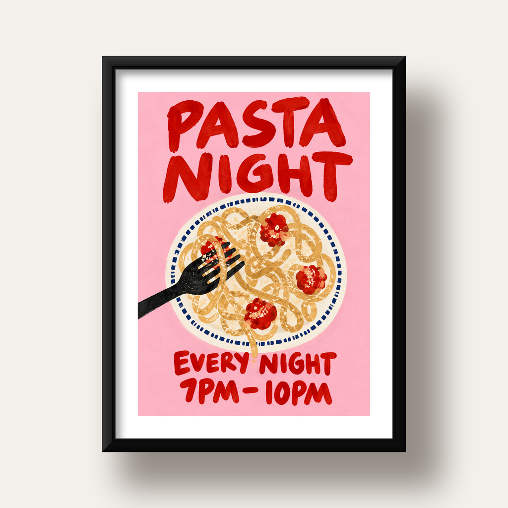 Spagetti Köfte Makarna Gecesi El Çizimi Poster — siyah derin çerçeveli paspartulu
