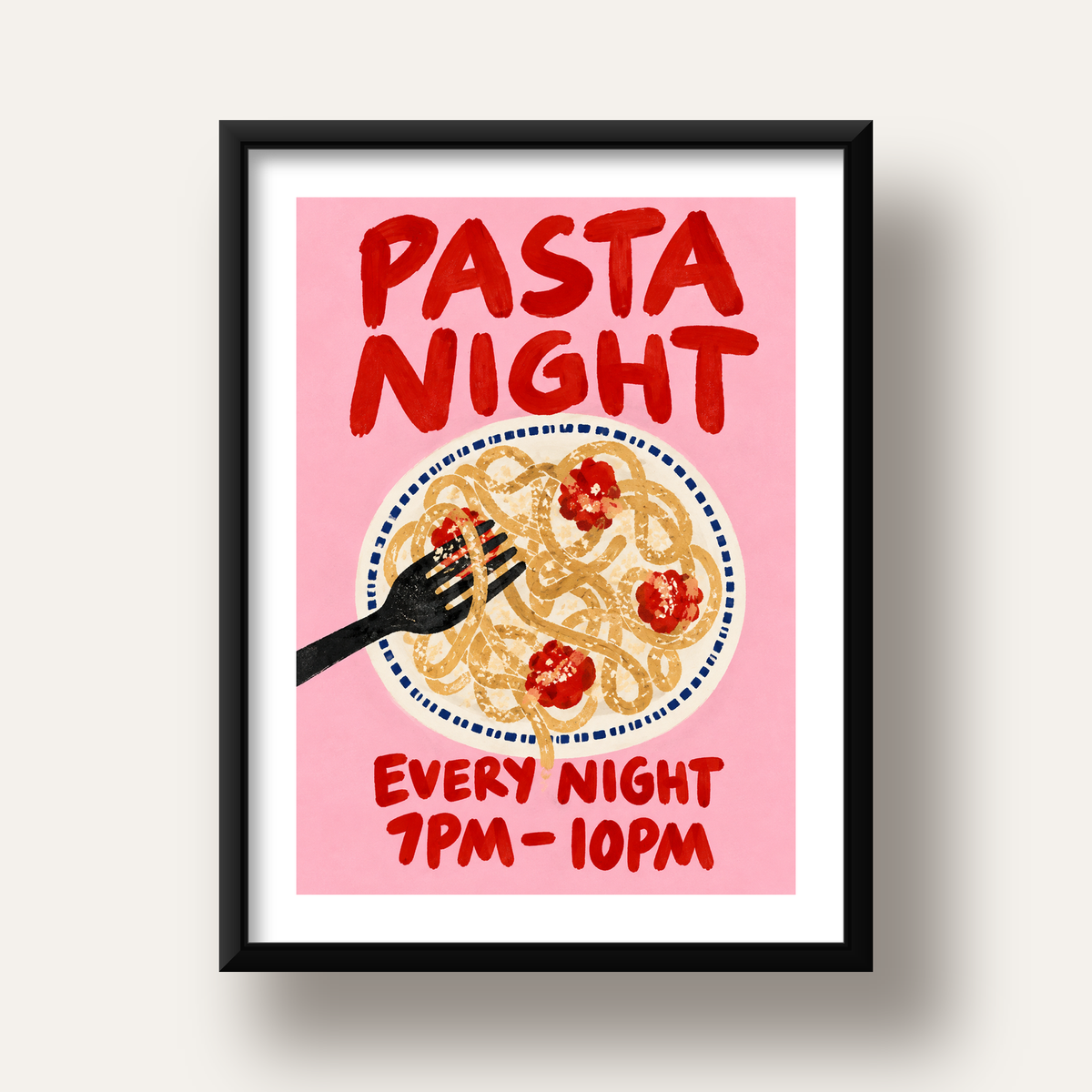Spagetti Köfte Makarna Gecesi El Çizimi Poster — siyah derin çerçeveli paspartulu