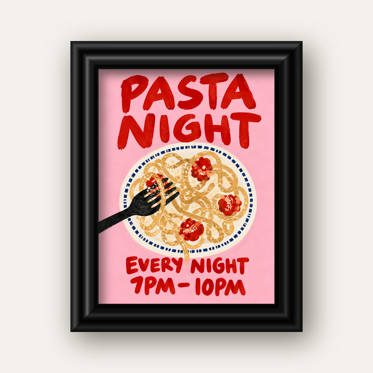 Spagetti Köfte Makarna Gecesi El Çizimi Poster — siyah galeri çerçeveli