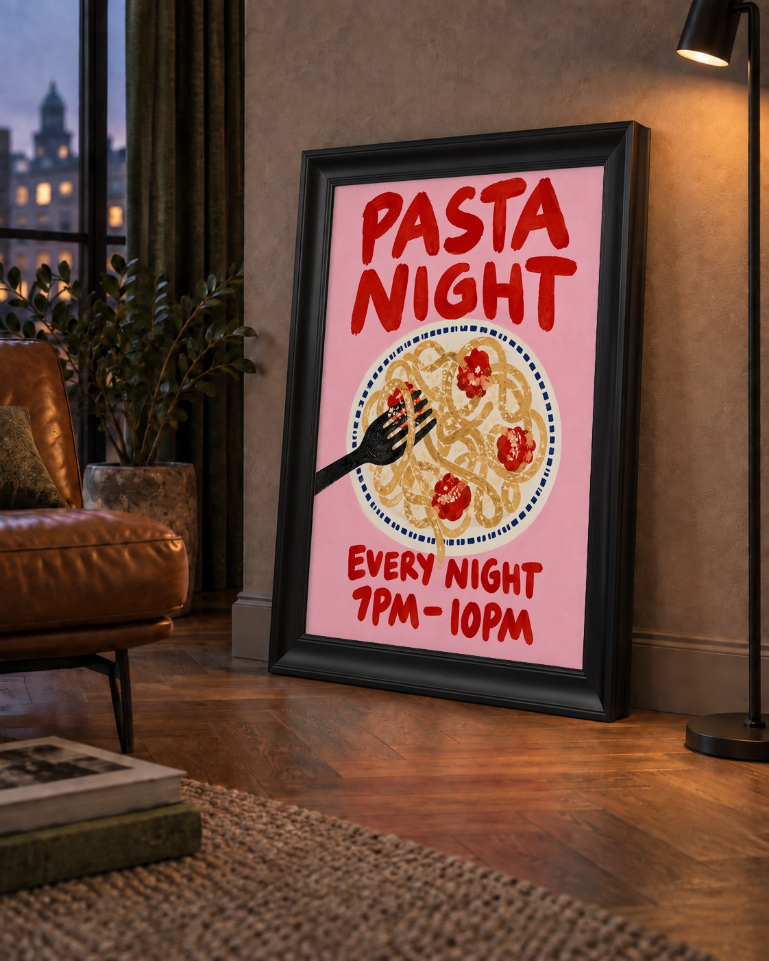 Spagetti Köfte Makarna Gecesi El Çizimi Poster — çerçeveli hâliyle bir ev duvarında