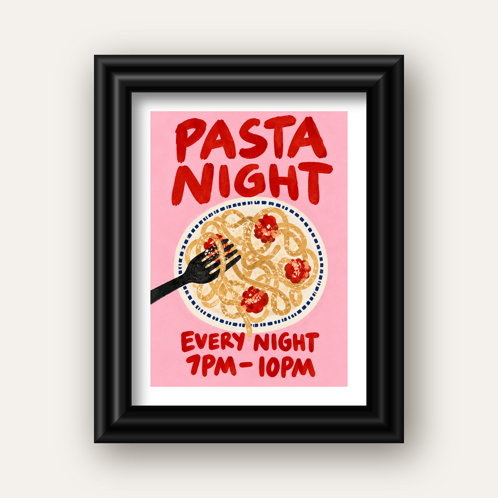 Spagetti Köfte Makarna Gecesi El Çizimi Poster — siyah galeri çerçeveli paspartulu