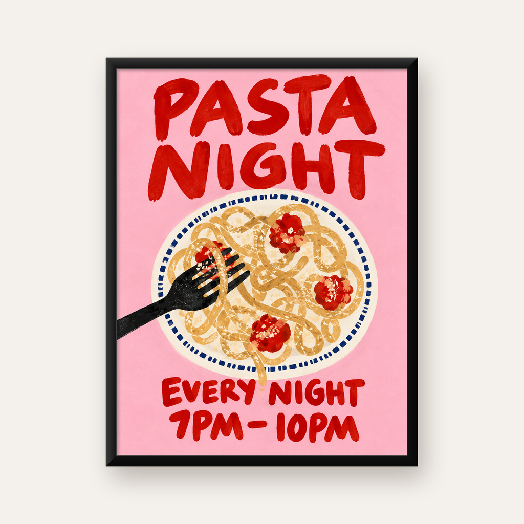 Spagetti Köfte Makarna Gecesi El Çizimi Poster — Dikey baskı, düz siyah çerçeveli duvar posteri