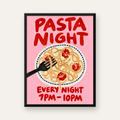 Spagetti Köfte Makarna Gecesi El Çizimi Poster — Dikey baskı, düz siyah çerçeveli duvar posteri