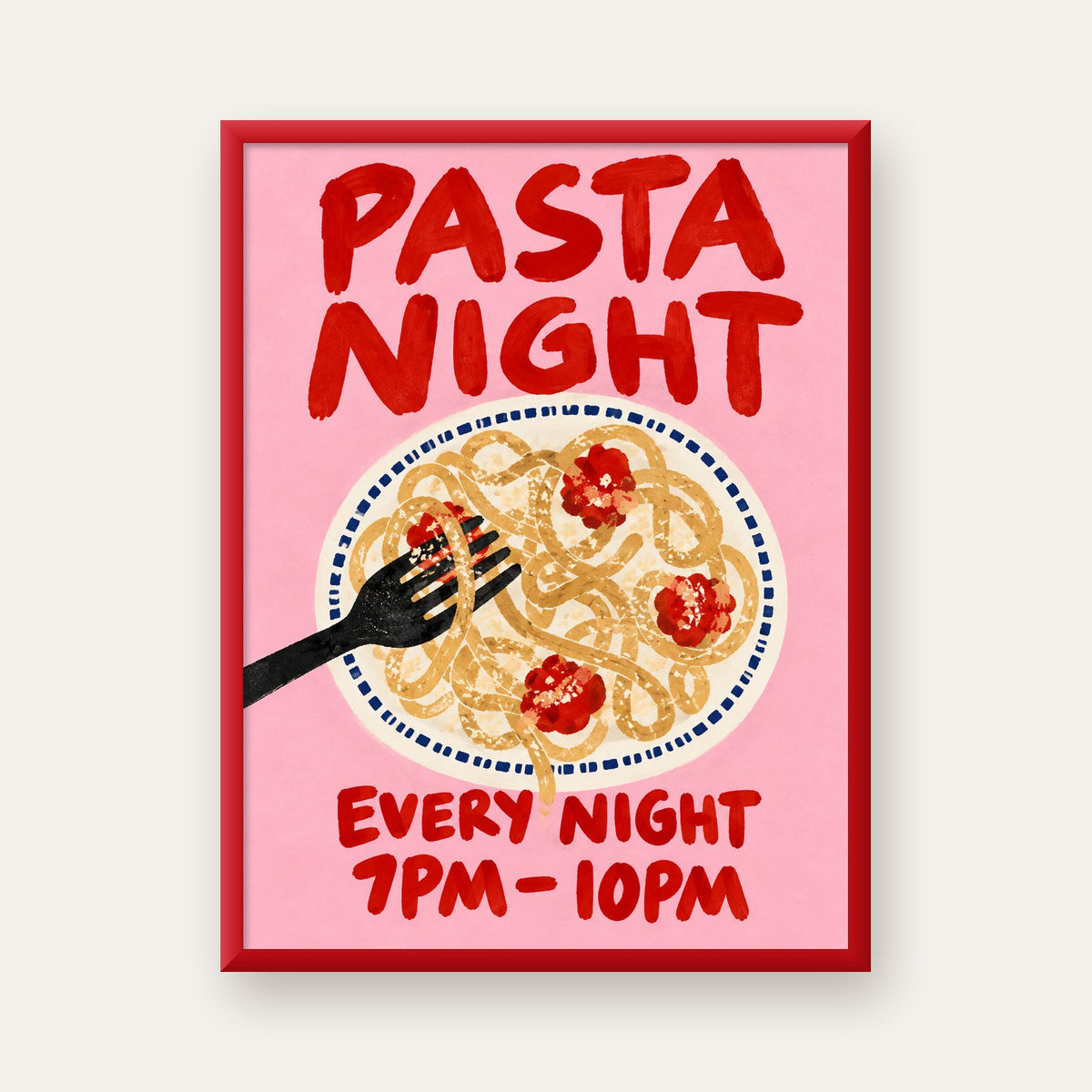 Spagetti Köfte Makarna Gecesi El Çizimi Poster — kırmızı çerçeveli