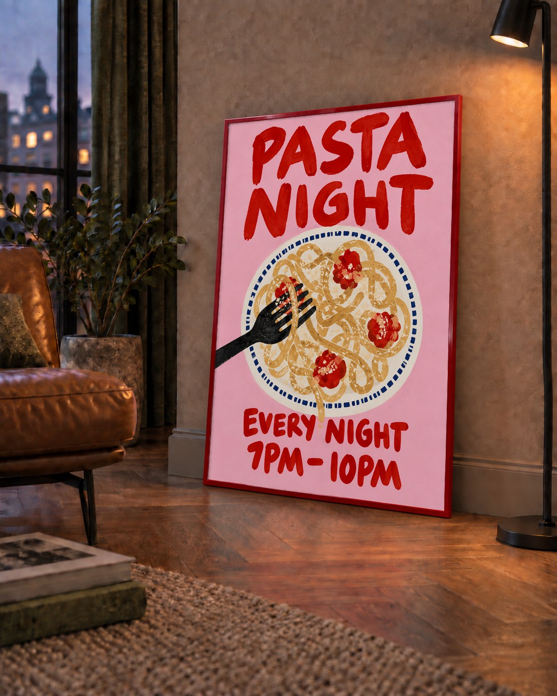 Spagetti Köfte Makarna Gecesi El Çizimi Poster — çerçeveli hâliyle bir ev duvarında