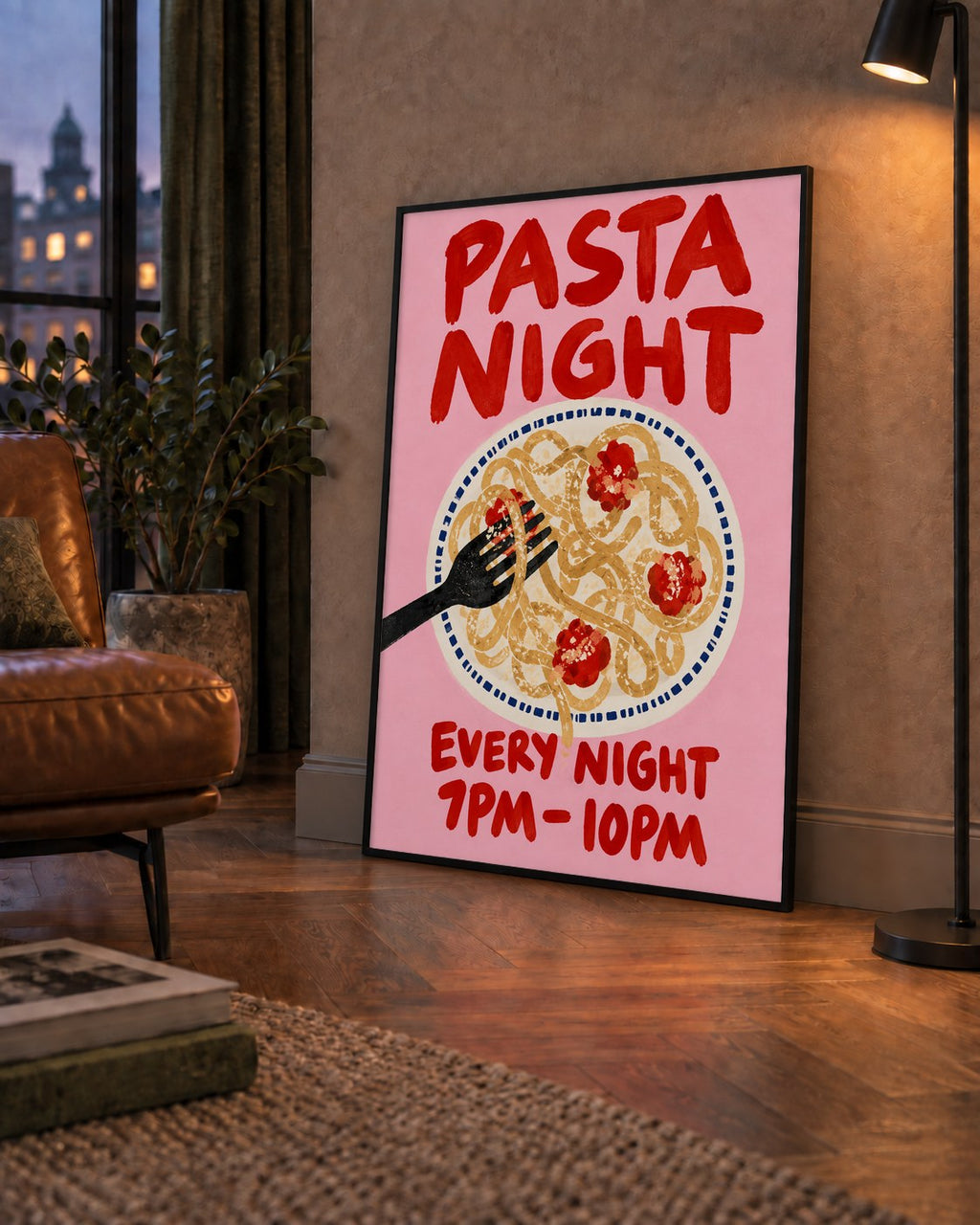 Spagetti Köfte Makarna Gecesi El Çizimi Poster — çerçeveli hâliyle bir ev duvarında