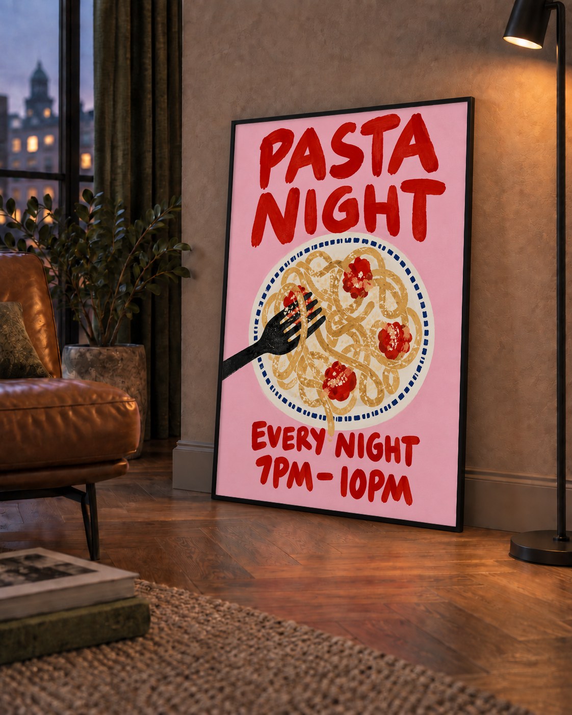 Spagetti Köfte Makarna Gecesi El Çizimi Poster — çerçeveli hâliyle bir ev duvarında