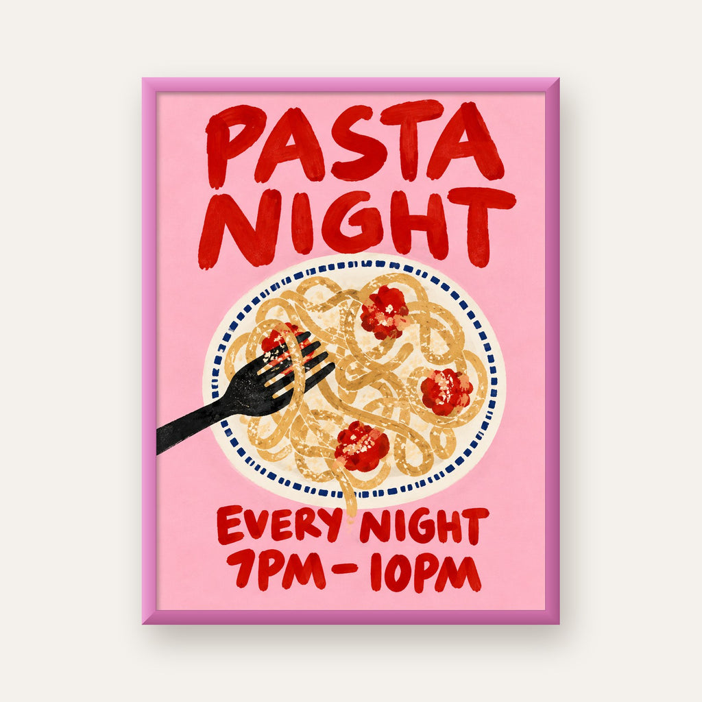 Spagetti Köfte Makarna Gecesi El Çizimi Poster — pembe çerçeveli