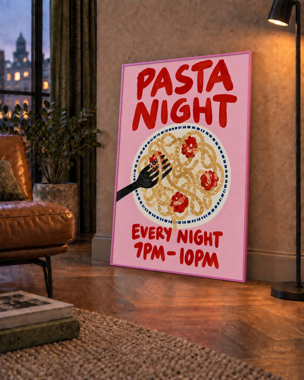 Spagetti Köfte Makarna Gecesi El Çizimi Poster — çerçeveli hâliyle bir ev duvarında