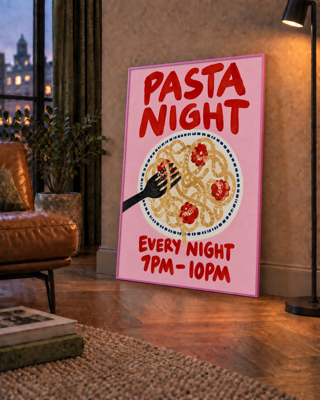 Spagetti Köfte Makarna Gecesi El Çizimi Poster — çerçeveli hâliyle bir ev duvarında