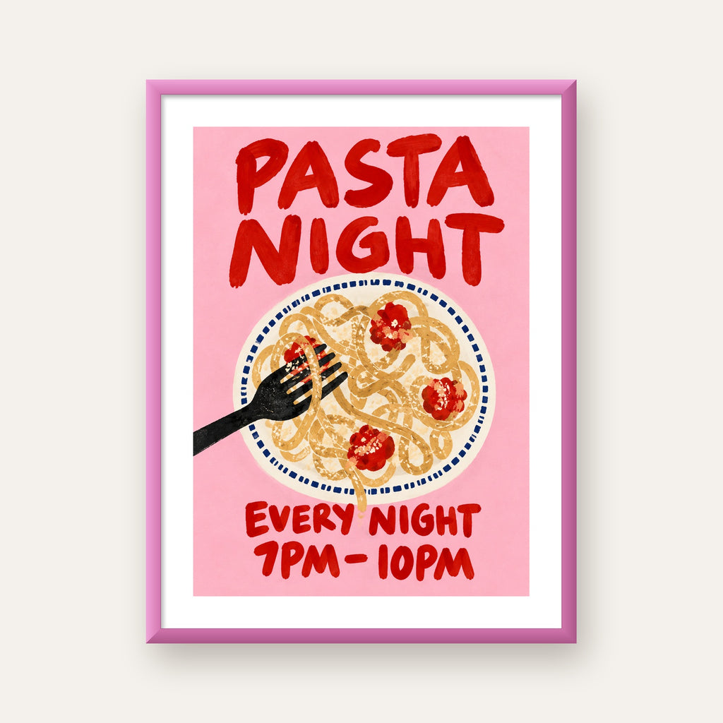 Spagetti Köfte Makarna Gecesi El Çizimi Poster — pembe çerçeveli paspartulu