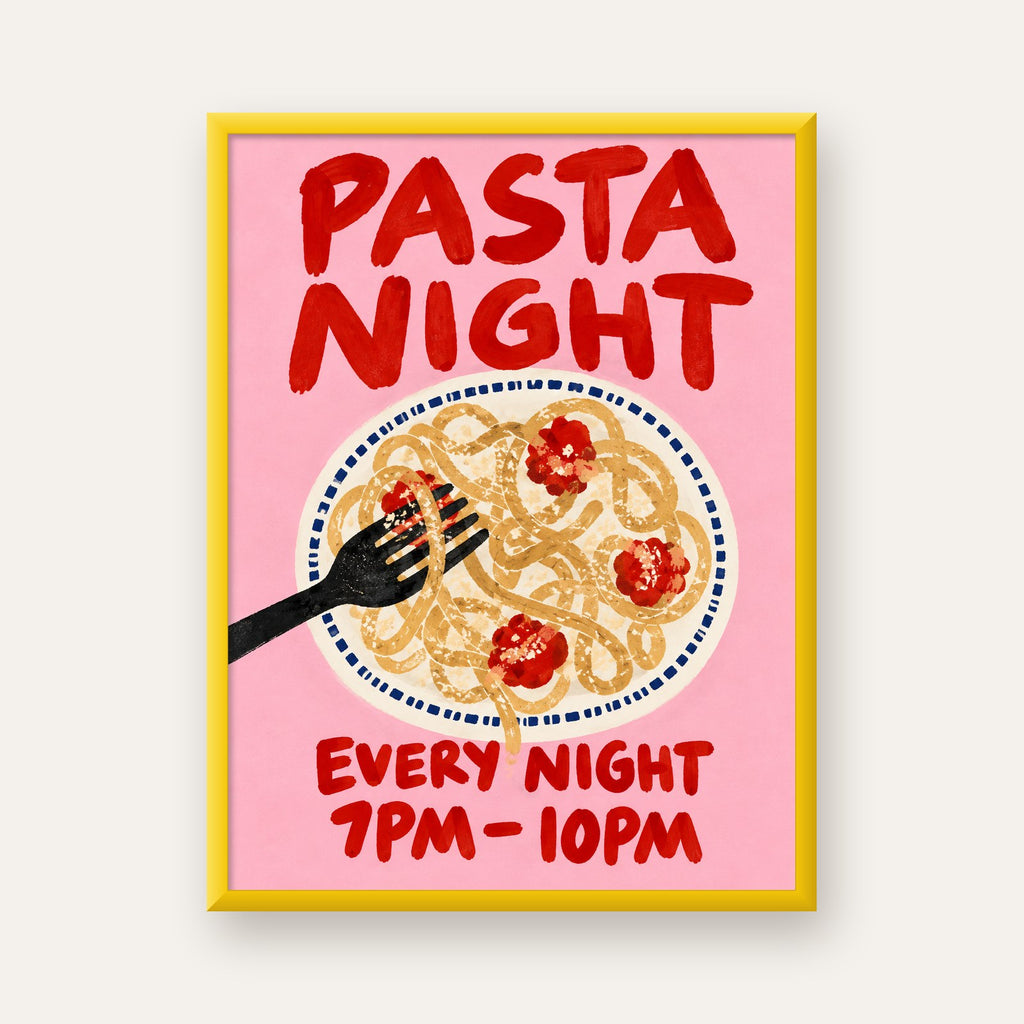 Spagetti Köfte Makarna Gecesi El Çizimi Poster — sarı çerçeveli