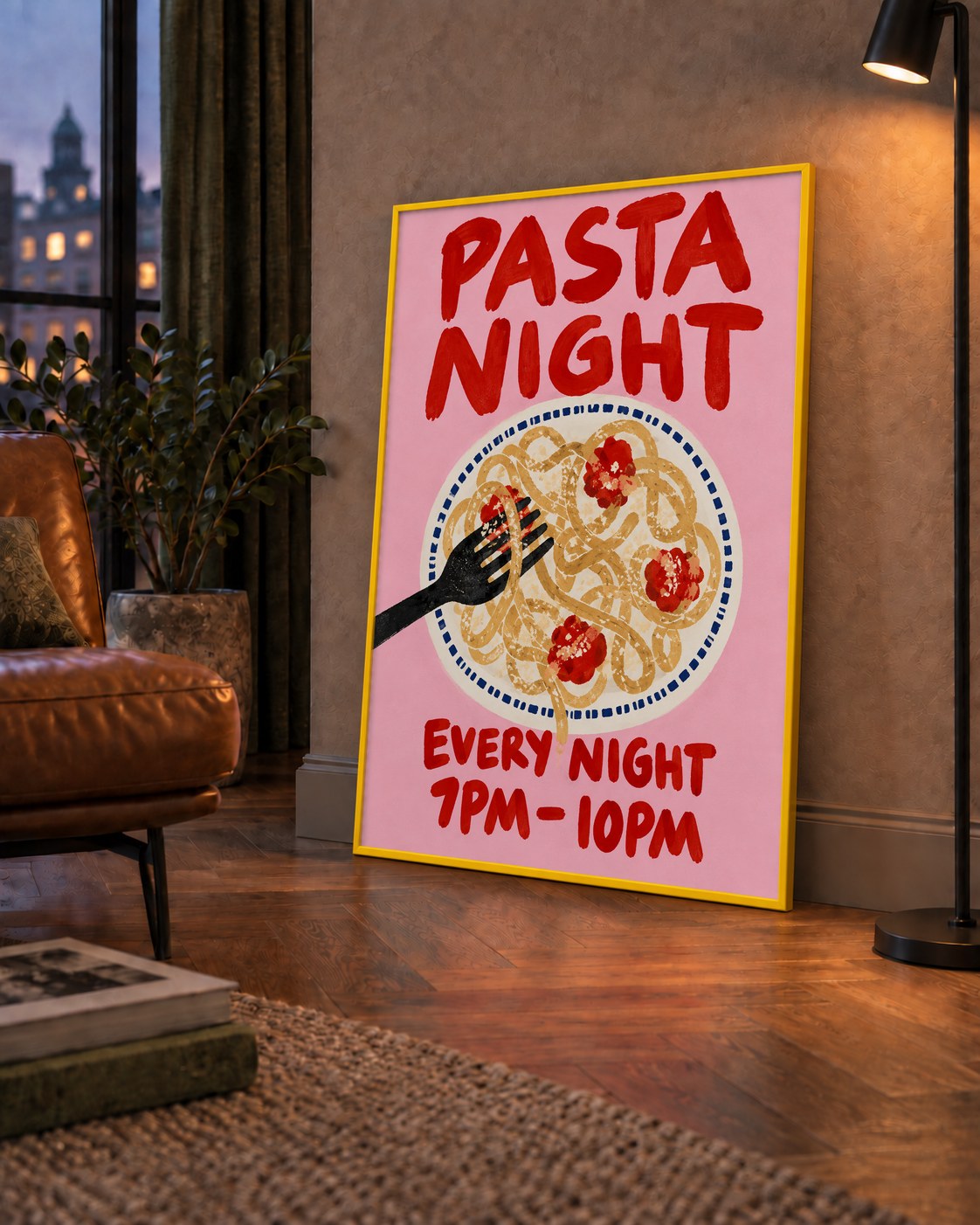 Spagetti Köfte Makarna Gecesi El Çizimi Poster — çerçeveli hâliyle bir ev duvarında