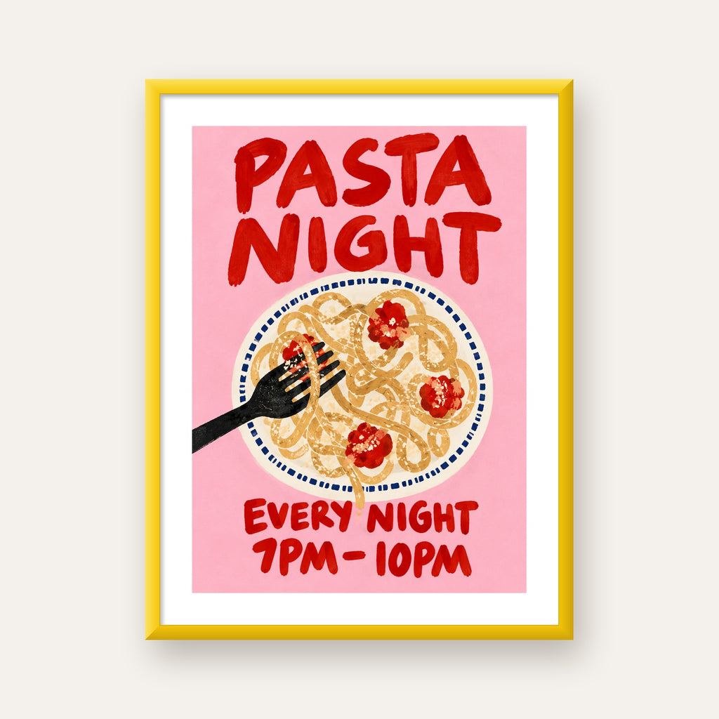 Spagetti Köfte Makarna Gecesi El Çizimi Poster — sarı çerçeveli paspartulu