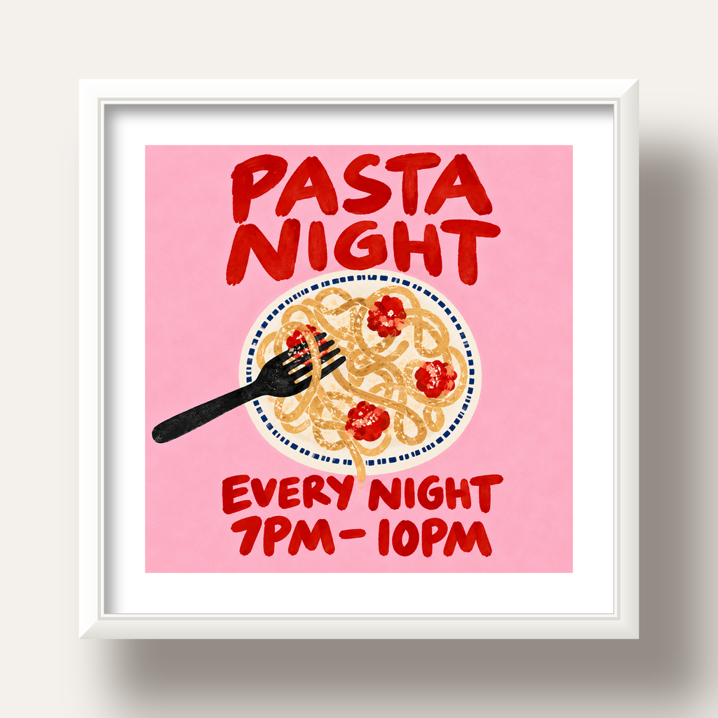 Spagetti Köfte Makarna Gecesi El Çizimi Poster — beyaz derin çerçeveli paspartulu