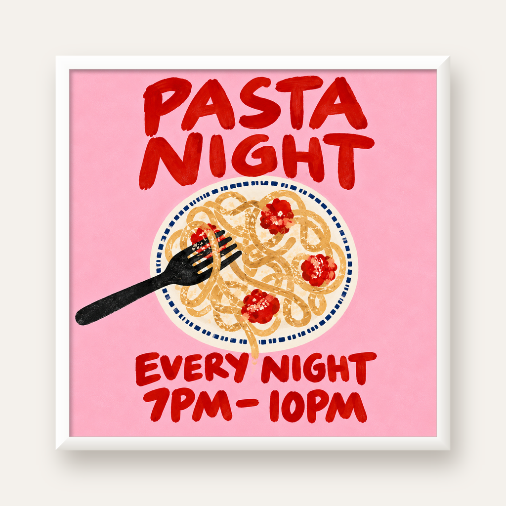 Spagetti Köfte Makarna Gecesi El Çizimi Poster — beyaz çerçeveli kare poster